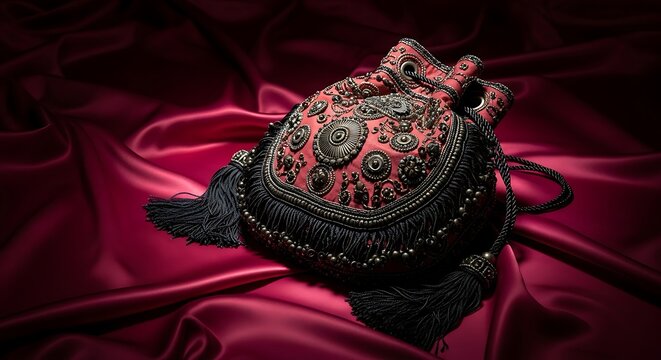 Ornate Red Beaded Drawstring Pouch with Tassels drawstring bag