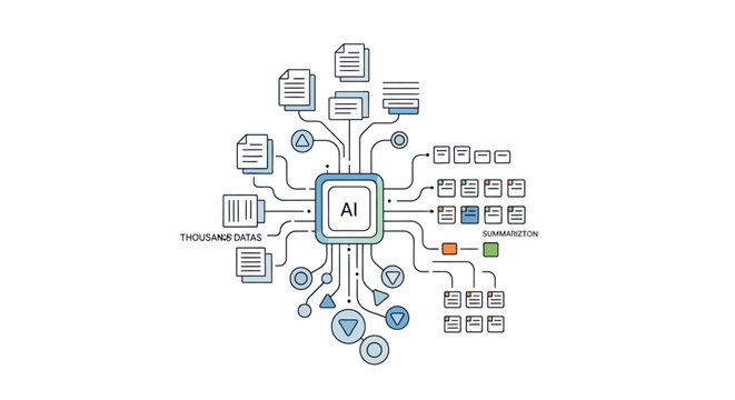 Artificial Intelligence Data Processing and Automated Document Summarization Infographic Illustration