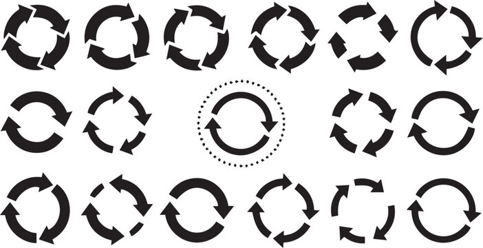 Set of circular arrow icons in various styles representing recycling and rotation.