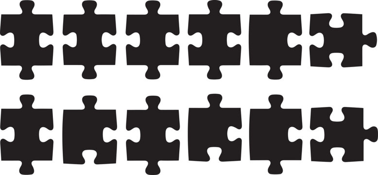 Set of twelve black puzzle pieces in two rows, isolated on a transparent background, representing challenges and solutions.