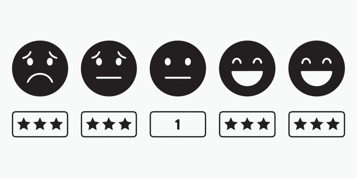 Five emoticons showing different levels of satisfaction from sad to very happy, with star ratings and number one.