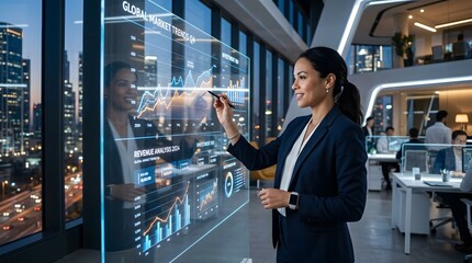 Fototapeta premium Confident businesswoman interacting with global market trends data on transparent display in office.