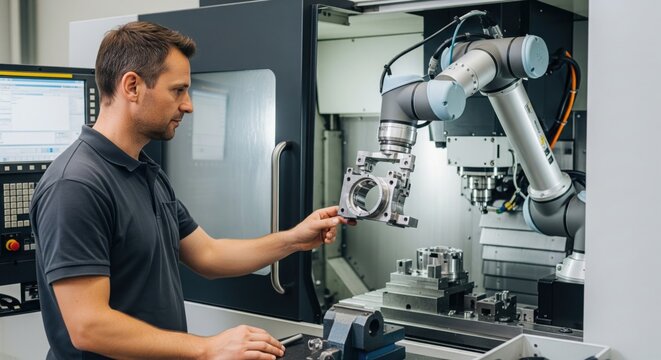 Machine operator manufacturer and collaborative robot loading CNC equipment together show synchronized workflow, precise material handling and efficient smart manufacturing support.