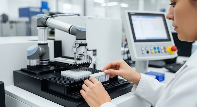 Lab technician loading samples into robotic analyzer in industrial testing environment showing human machine precision, automated analysis and quality workflow support.