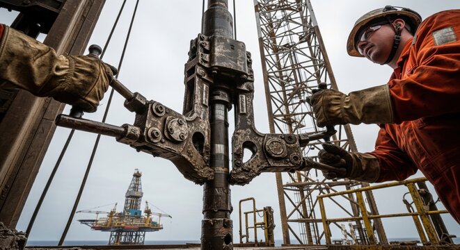 Derrickhand controlling automated power tongs on offshore oil rig floor. Professional technician managing heavy drilling operations in marine sector.