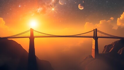 Obraz premium A futuristic suspension bridge under a vibrant orange starry sky with planets