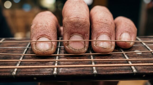 Worn, calloused fingertips press firmly against copper guitar strings. It conveys raw musical passion, lifelong dedication, and the beautiful, tactile reality of playing music.