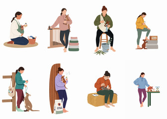 Collection of illustrations showing wildlife rescuers caring for baby kangaroos, including feeding, weighing, and medical treatment in a rehabilitation setting. © Sabrina