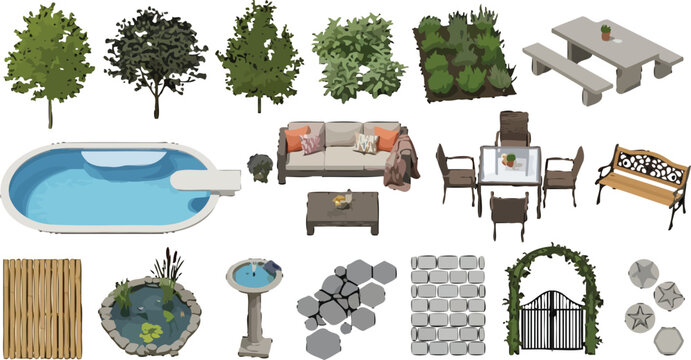 Garden and backyard landscape design elements set with furniture trees pool and paving stones in vector illustration