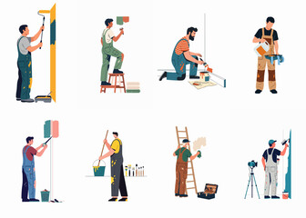 Fototapeta premium Vector illustration set of male painters and decorators performing home renovation tasks like painting walls and mixing colors with various professional tools.
