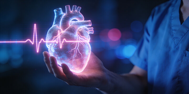 Electronic pulse line crossing over glowing human heart model in open palm.