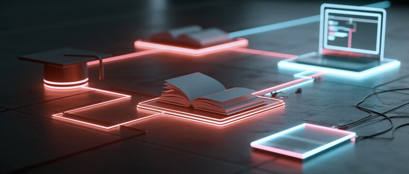 Online education digital learning e learning virtual classroom distance study coding course academic concept glowing neon open book laptop computer modern technology connects online education with