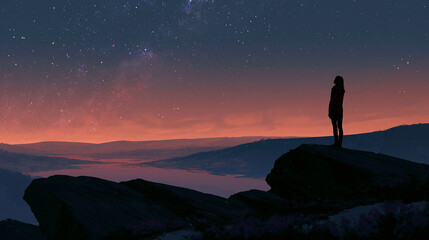 Obraz premium Silhouette of Woman Enjoying Scenic Starry Night Sky Overlake 