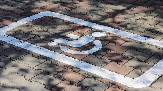 White paint outlines a designated handicap parking space on a brick-paved surface. The international symbol of access, featuring a person in a wheelchair, is clearly visible inside the rectangular.