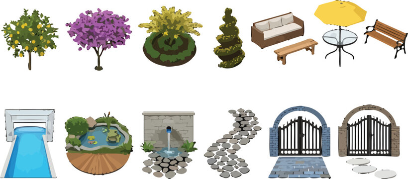 Garden landscape design elements set with trees, furniture, stone paths, water features, and decorative gates vector illustration