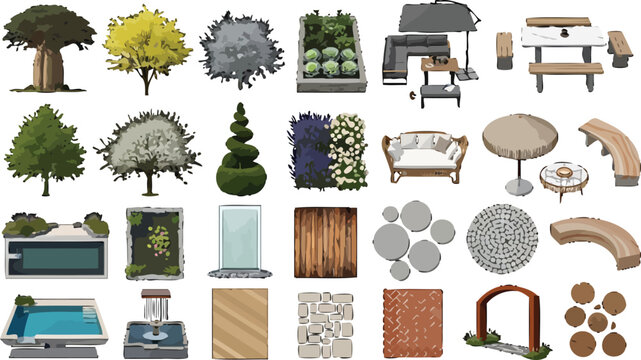 Garden landscape design elements set with trees, patio furniture, swimming pools, and paving textures in vector format