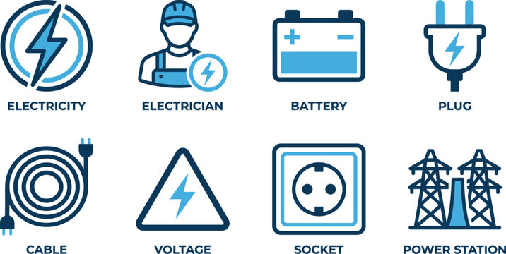 Electricity and Electrical Engineering Flat Vector Icon Set with Electrician Power Station Battery High Voltage Sign Plug and Socket Blue Graphic Symbols