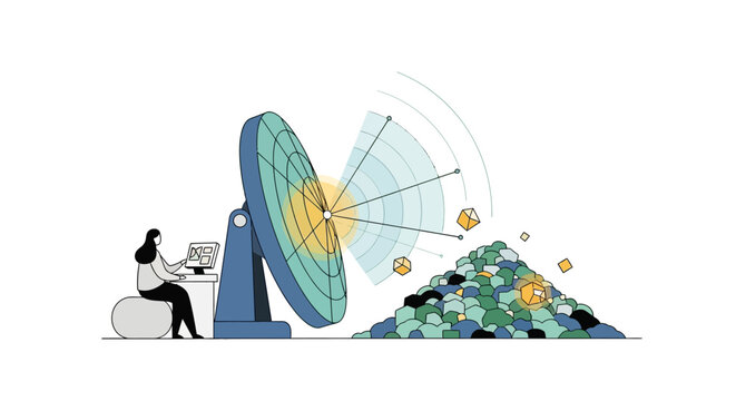 Data Mining and Digital Resource Extraction Concept Illustration with Scientist Analyzing Big Data for Valuable Insights