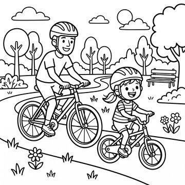Happy father and daughter riding bicycles together, simple park scene, bold outlines, kids coloring page, white background
