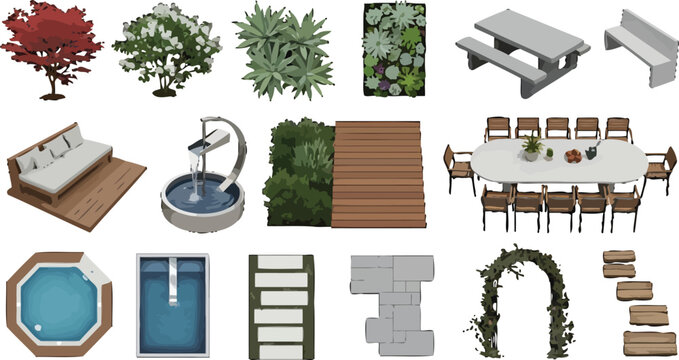 Landscape architecture design elements set with garden furniture plants pool and patio paving in flat vector style