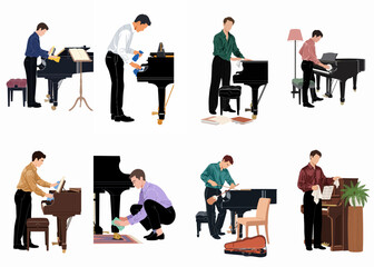 Vector illustration collection of men cleaning, polishing, and maintaining grand and upright pianos in various indoor settings. © Nafa Project