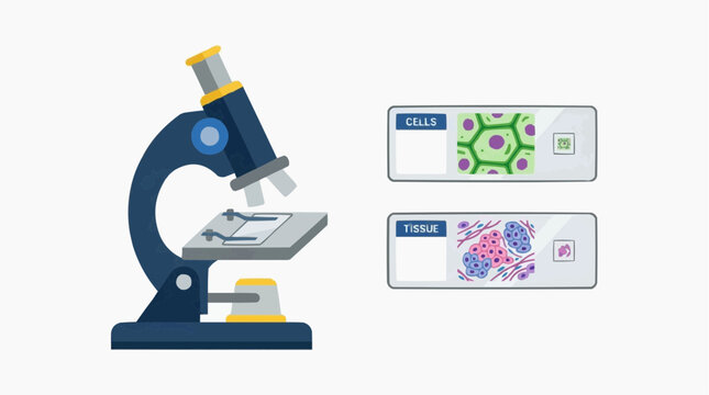 Microscope with slides showing cells and tissue samples for scientific research and education