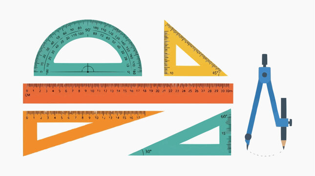 Collection of geometric measuring tools including rulers protractor set squares and compass with pencil on white background