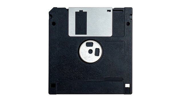 A black plastic computer disk with a metal label and circular opening