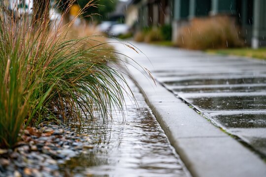 Ornamental grass bending over pooled rainwater along city sidewalk