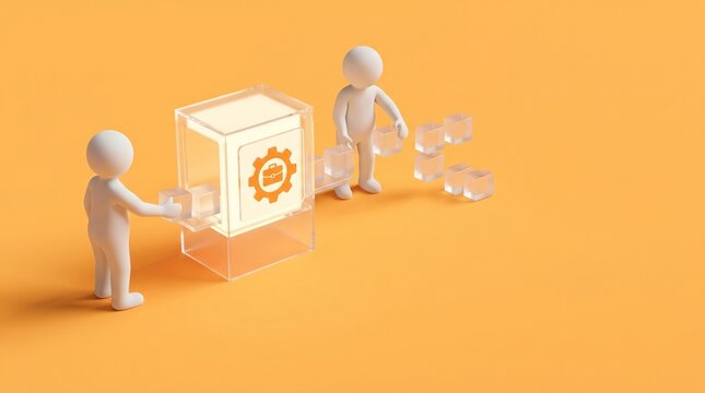 Minimalist 3D business process automation concept, white figures managing workflow with gear and briefcase icon on orange background