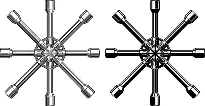 Multi Position Socket Spider Wrench Vector Set in Chrome and Black Silhouette Styles for Automotive Maintenance Wheel Lug Nut Repair Garage Workshops and Technical Industrial Layouts