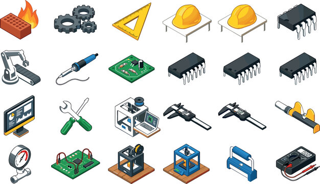 Isometric Engineering and Electronics Manufacturing Icon Set with Robotic Arm Soldering Iron Microchips 3D Printers Multimeter Vernier Caliper and Circuit Board Vectors for Technology Apps