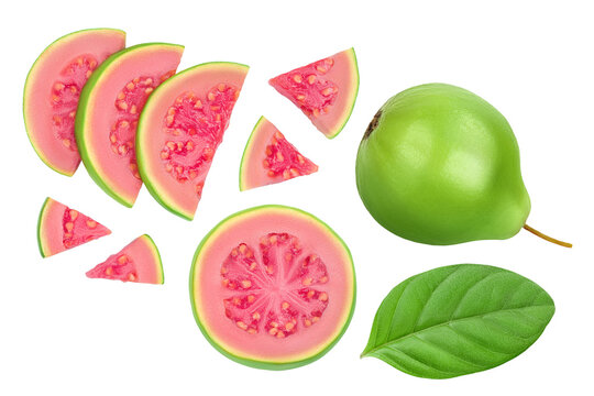 Guava fruit slices isolated on white background with  full depth of field. Top view. Flat lay