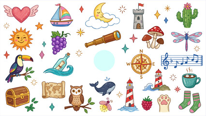 Whimsical vector collection of charming celestial, nature, and travel illustrations with whimsical elements © Pronob Kumar Ray