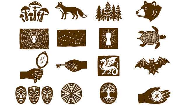 Collection of illustrative icons representing nature, animals, and symbolic imagery in a rustic, hand-drawn style