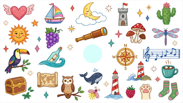 Whimsical vector collection of charming celestial, nature, and travel illustrations with whimsical elements