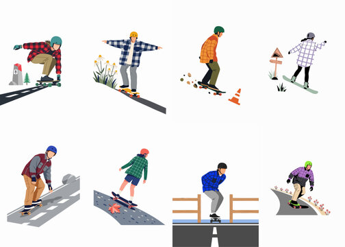 Set of flat vector illustrations depicting people skateboarding and longboarding downhill in casual flannel shirts and safety helmets on various road settings.