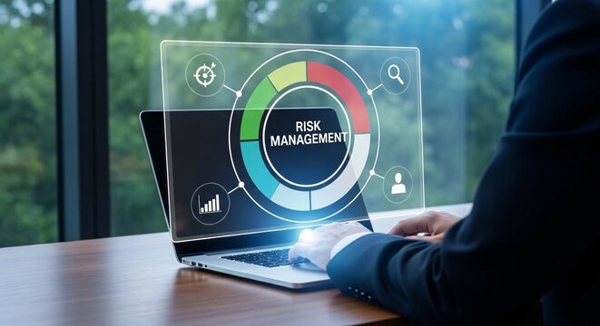 Businessperson analyzing risk management data on laptop with digital risk assessment charts and graphs for strategic decision making in corporate environment