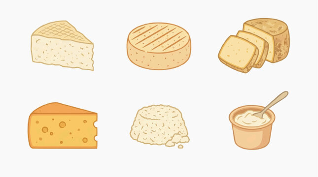 A collection of six different types of cheese, presented as a visual representation of various cheese textures and forms