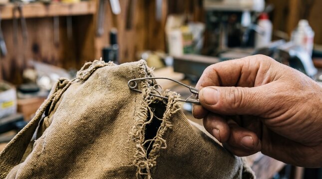 A dirty hand holds a safety pin keeping torn canvas together. Conveys desperate repair, holding things together by a thread, and rugged resourcefulness.