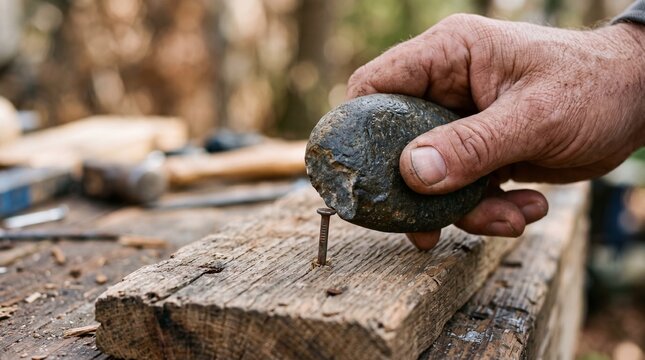 A rough, dirty hand uses a heavy stone to pound a rusty nail into a wooden board. Conveys primitive improvisation, lacking proper tools, and sheer brute force.