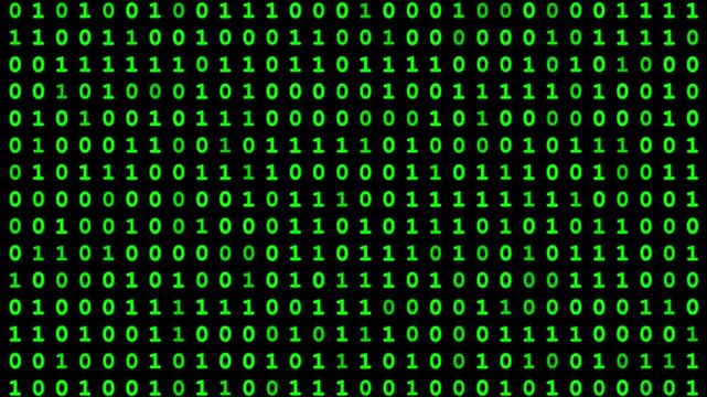 Matrix-style sequence displaying rows of green binary digits on a black screen, representing digital data and computer programming concepts in a visual format.