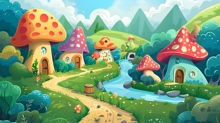 Naklejka premium Whimsical mushroom village with stream and mountains in a fairy tale setting