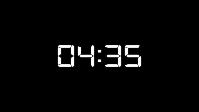 5 minutes countdown digital clock timer animation in 4k.Abstract neon LED timer for 5 minutes countdown with reflection count animation on a black screen.
