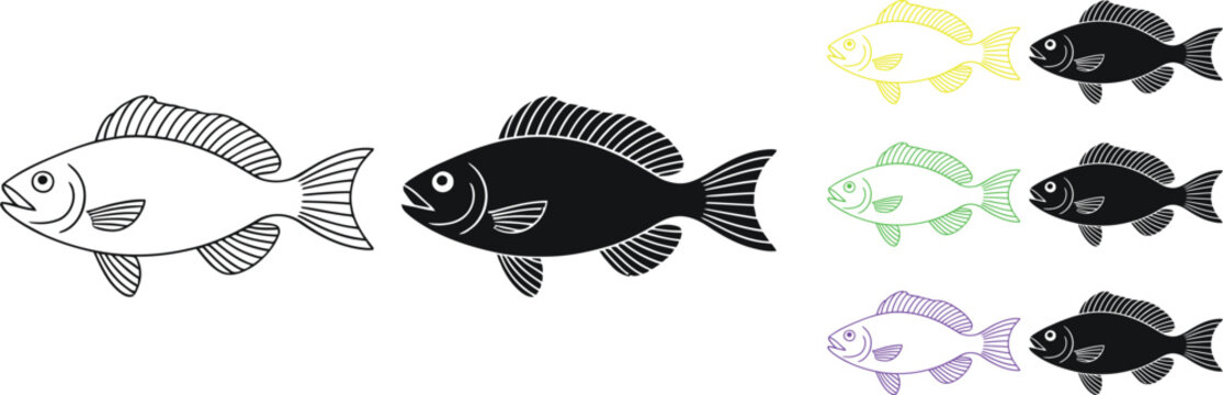 Black and silver fish illustration set with different types