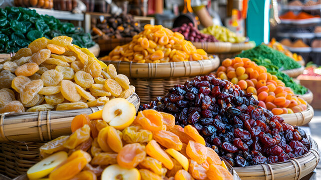 Vibrant display of dried fruits at a market stall