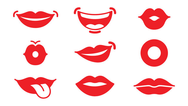 Red Lips Icon Set. Female Mouth Expressions Collection with Kiss, Smile, Tongue and Sexy Lips Symbols