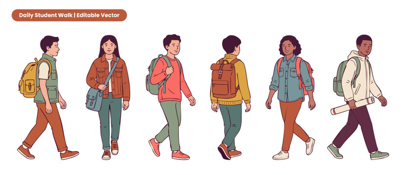 College students walking with backpacks vector illustration set of diverse teenage boys and girls going to high school, young university pupils walking front, side and back view isolated on white