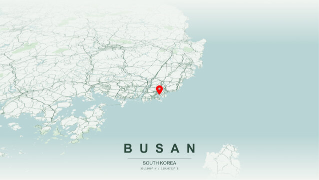 Modern minimalist vector map of Busan, South Korea. High-quality scalable illustration of Busan city grid, Gwangan Bridge, Nakdong River delta for posters design.