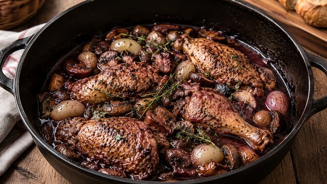 Classic french dish of coq au vin, chicken, onions and wine